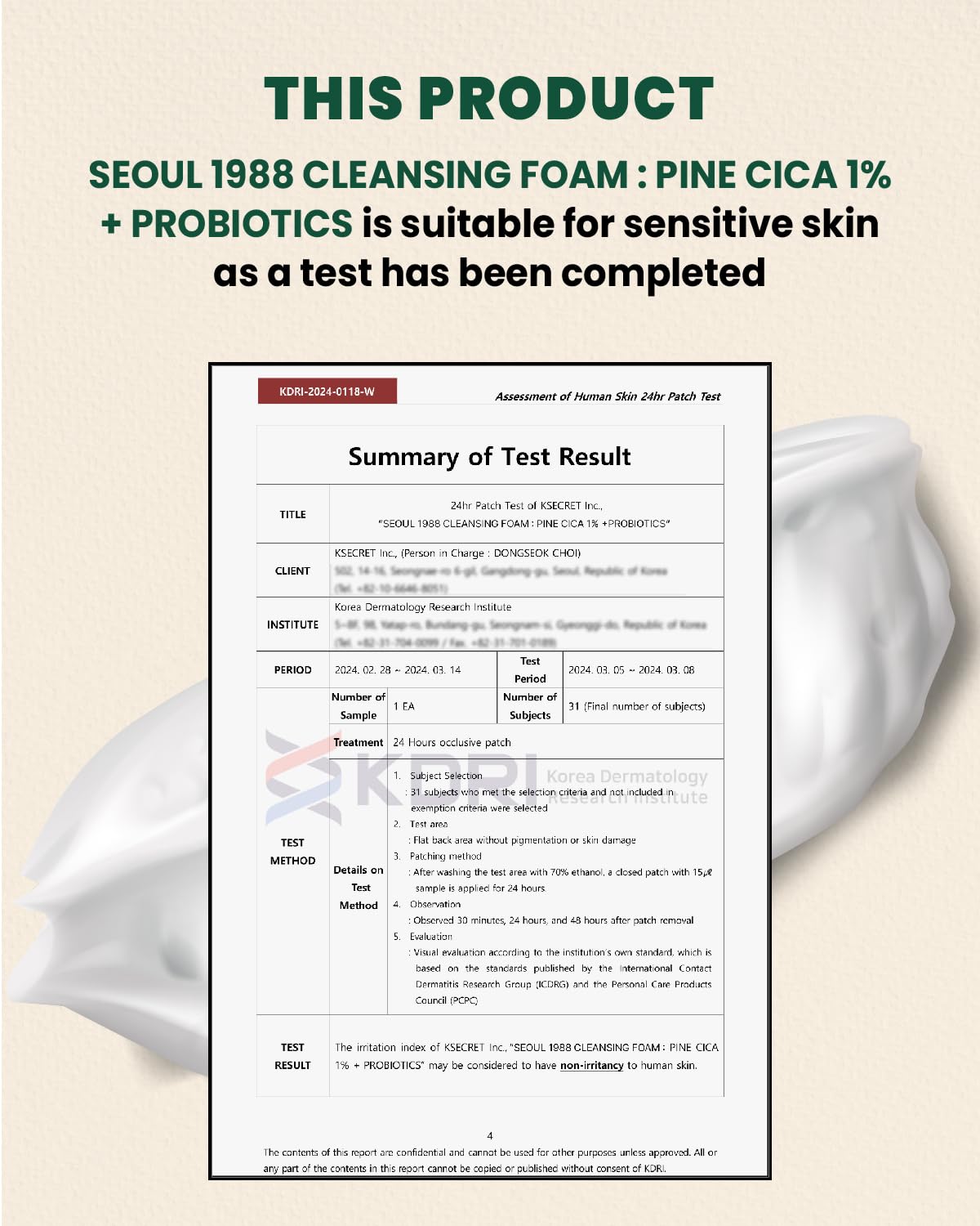 K-Secret Seoul 1988 Pine Cica 1% + Probiotics Cleansing Foam -150ml