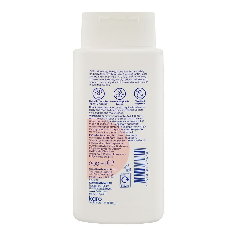E-45 24-Hour Moisturisation Lotion, For Very Dry & Sensitive Skin, 200ml
