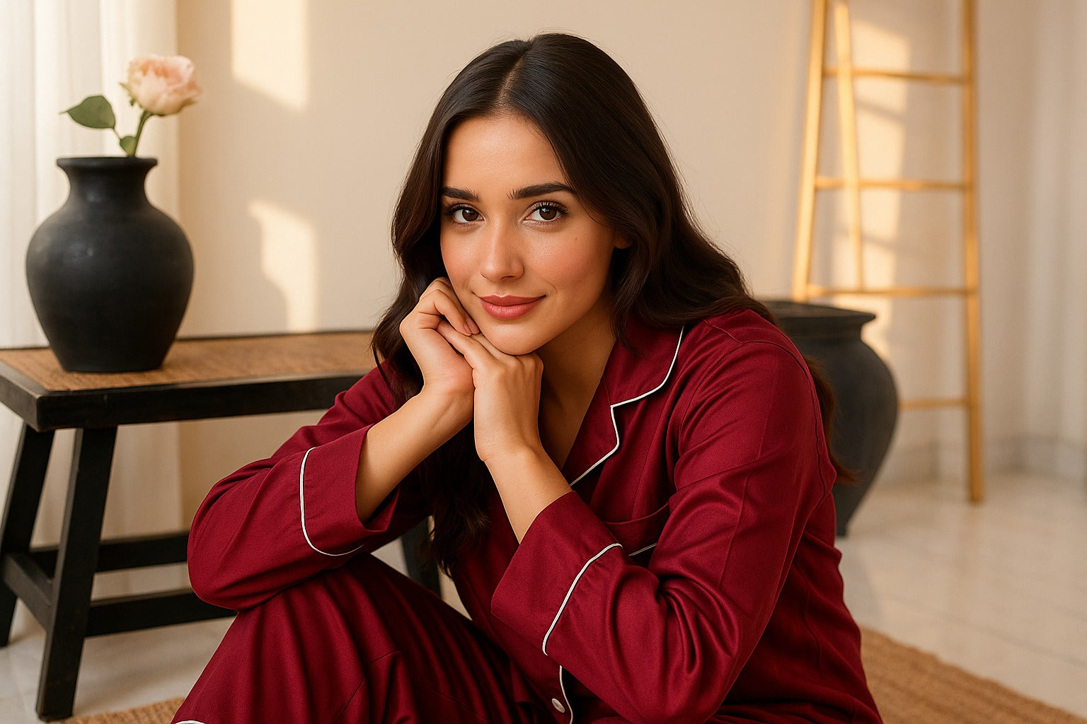 Buy Florea Silk Pajama Set With Scrunchie - Maroon in Pakistan