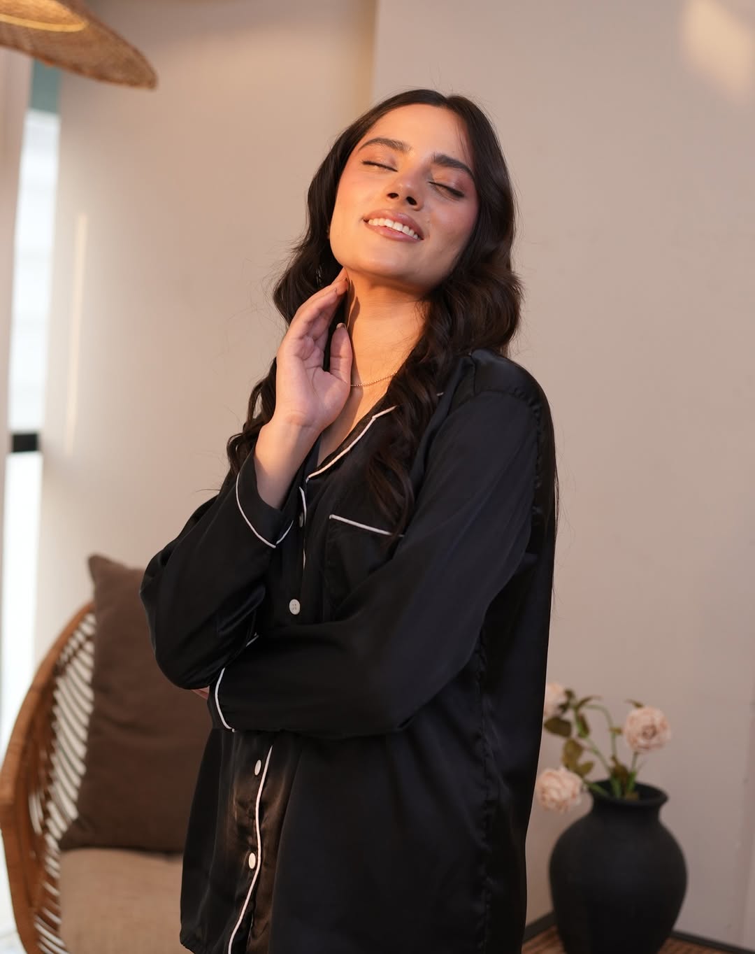 Buy Florea Silk Pajama Set With Scrunchie - Black in Pakistan