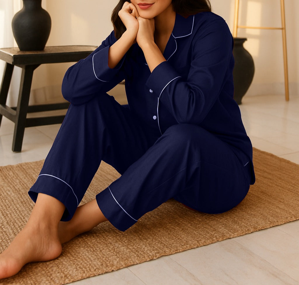 Buy Florea Silk Pajama Set With Scrunchie - Navy Blue in Pakistan